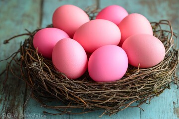 Poster - Vibrant pink eggs nestled in a rustic nest on reclaimed wood surface during springtime celebration