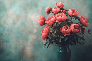 Poster - Beautiful bouquet of pink peonies in a teal vase against a textured background