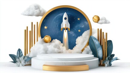 Poster - Startup or innovation concept with rocket launch rendered cleanly on white