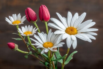 Poster - Colorful bouquet of daisies and tulips with droplets on petals displayed against a rustic background