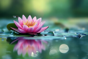 Poster - Beautiful pink lotus flower rests on serene pond surface with dragonfly hovering nearby
