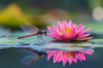 Poster - Dragonfly perches on pink water lily reflecting in calm pond during bright afternoon
