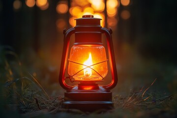 Aufkleber - Vintage lantern illuminates forest at sunset, creating a warm and inviting atmosphere for evening exploration and relaxation