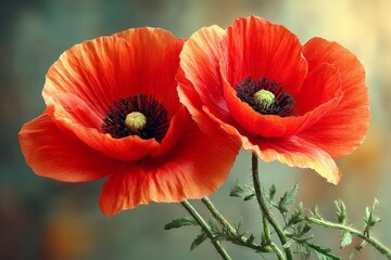 Aufkleber - Vibrant red poppies bloom against a soft, blurred background during early spring, showcasing their delicate petals and dark centers