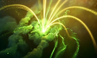 Aufkleber - Green particles bursting from a glowing center point in dynamic motion made with Generative AI technology