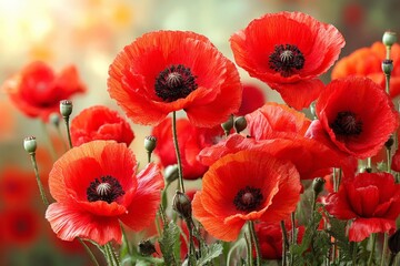 Poster - Vibrant red poppy flowers bloom in spring sunlight creating a colorful display in a lush garden landscape