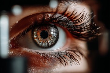 Poster - Detailed examination of an eye during an optometry session showcasing unique iris patterns and eyelashes