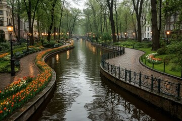 Poster - Peaceful evening stroll along a winding canal with blooming tulips in a serene park landscape