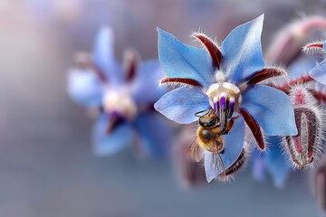 Poster - Close-up of a bee collecting nectar from a blue flower under soft morning light in a garden setting