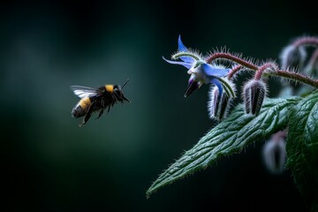 Poster - Bumblebee hovering near vibrant borage flower in a lush garden during the golden hour