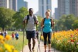 © WoodHunt - A black man and woman are participating in a Nordic walking event in a vibrant city park. Behind them are colorful flowers, playful children, and tall buildings
