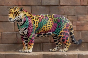 Poster - Colorful jaguar stands against a stone wall in a vibrant artistic display at a wildlife exhibit or zoo