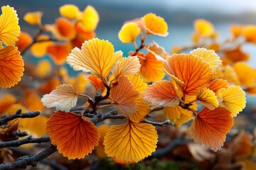 Poster - Vibrant autumn leaves illuminate a serene landscape at dusk near a tranquil lake