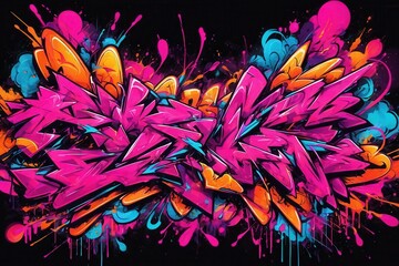 Poster - Colorful graffiti exploding with pink and orange splashes on a black background, perfect for urban and street art projects
