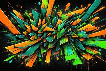 Poster - Vivid orange and green graffiti exploding with drips and dynamic shapes on a black background
