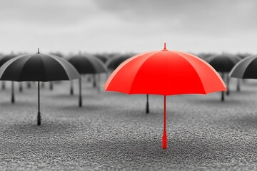 Poster - Bright red umbrella stands out among many black umbrellas in a grey landscape
