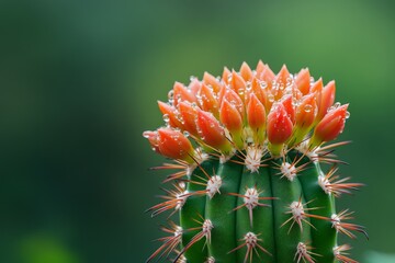 Poster - Cactus with vibrant orange flowers adorned with raindrops in a lush green setting