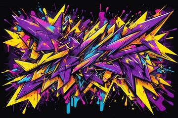 Poster - Dynamic graffiti art bursting with purple, yellow, and splashes of color on a black background, creating a vibrant and energetic visual experience