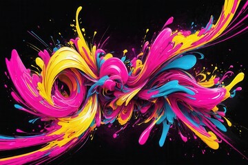  Bright swirling splashes of cyan, magenta, and yellow paint creating an abstract design against a black background