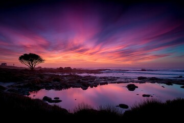 Aufkleber - Vibrant sunset over rocky shore with silhouetted tree and reflective waters near the ocean