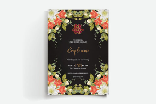 WEDDING INVITATION FRAME WITH FLOWER DECORATIONS AND FRESH LEAVES