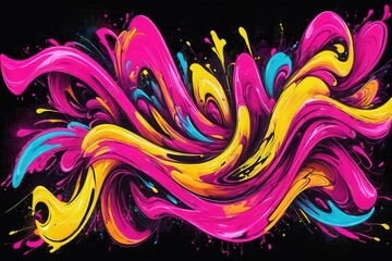 Poster - Vibrant pink, yellow, and cyan paint streams and splatters dance across a black backdrop, forming a dynamic and energetic abstract composition