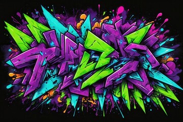 Poster - Colorful graffiti exploding with energy, featuring dynamic shapes and vibrant colors on a black background, perfect for urban and street art themes