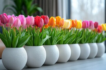 Poster - Colorful tulips arranged in decorative vases on a table, brightening up an indoor space during springtime