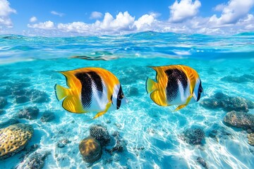 Poster - Colorful fish swimming in clear tropical waters near coral reefs under a bright blue sky