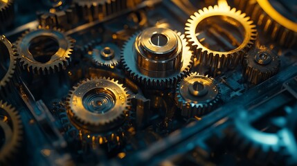 Poster - Detailed Closeup of Interlocking Metal Gears Precise Engineering Mechanism Industrial Machine Parts Golden Gears Complex System Technology Background Detailed Mechanical Components Intricate Design   