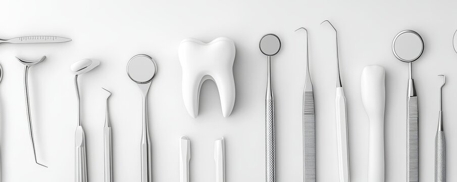 Dentist tools featuring teeth set against a white background, created using 3d rendering