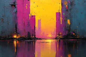 Poster - Vibrant city skyline at sunset reflects hues of pink and gold over tranquil water surface in an urban landscape