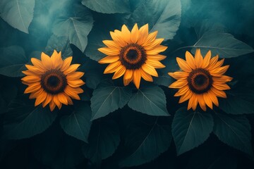 Fototapete - Sunflowers blooming vibrantly under soft light surrounded by lush green leaves in a tranquil garden setting