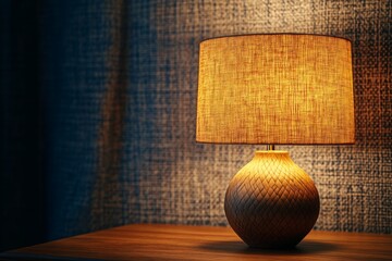 Fototapete - Warm light illuminates a textured lamp on a wooden table in a cozy interior setting during the evening hours