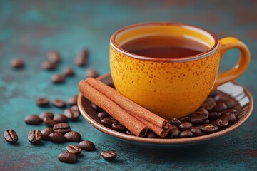 Poster - Coffee cup with cinnamon sticks and coffee beans on colorful surface during afternoon relaxation