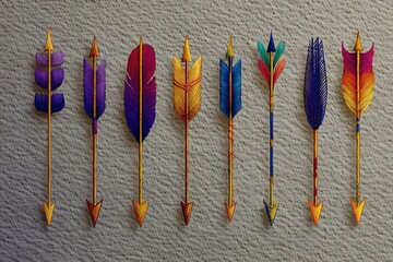 Poster - Vibrantly decorated arrows displayed on textured surface showcasing traditional craftsmanship and artistry from indigenous culture