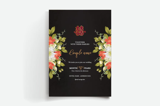 WEDDING INVITATION FRAME WITH FLOWER DECORATIONS AND FRESH LEAVES