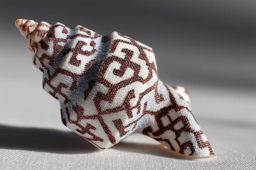 Fototapete - Unique seashell with intricate brown and white patterns displayed on a neutral background during mid-morning light