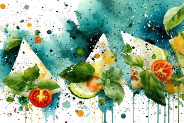 Poster - Colorful watercolor illustration of vibrant fruits and basil leaves on a textured background