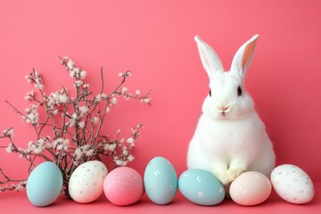 Poster - White rabbit sits among pastel Easter eggs and branches in a colorful spring setting