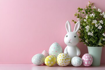 Poster - Colorful Easter decorations with a bunny figure and vibrant eggs set against a pastel pink background