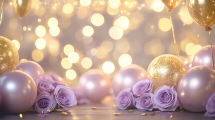 Wall Mural - festive background with pastel balloons, roses, and bokeh lights.