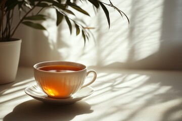 Aufkleber - Warm cup of tea rests on a table with soft sunlight filtering through a curtain in a cozy setting