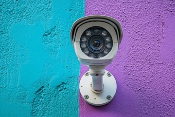 Aufkleber - Security camera mounted on colorful wall in urban setting captures surveillance activity