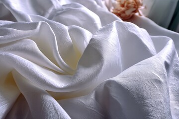 Fototapete - Soft white fabric draped elegantly with gentle folds and a hint of a flower in the background
