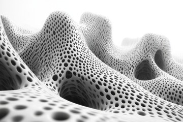 Aufkleber - Complex organic structure resembling natural formations, featuring intricate holes and smooth curves in a monochrome setting