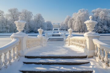 Poster - Winter landscape showcases a snow-covered staircase leading to an elegant palace under a clear blue sky