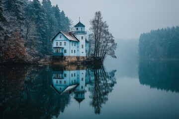 Poster - Charming blue house by the tranquil lake surrounded by foggy forest in winter