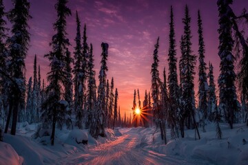 Poster - Winter sunset illuminates snow-covered forest pathway with silhouetted pine trees in serene landscape