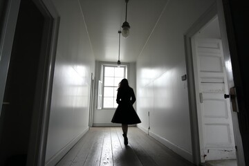 Poster - Mysterious silhouette walking through a dimly lit hallway in an old building during the day